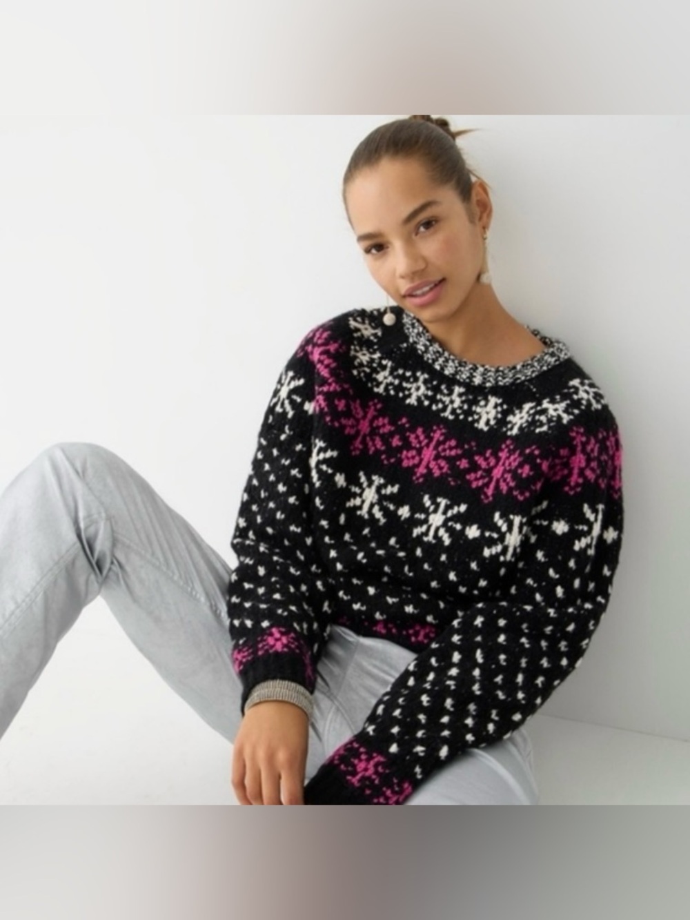 J Crew Womens Jacquard Fair Isle Knit Chunky Sweater Size Small Snowflakes - Picture 8 of 8